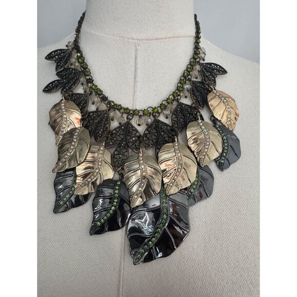 Bicolor Leaf Statement Necklace With Multicolored Rhinestones - Picture 1 of 8